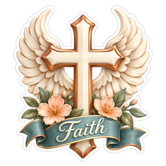 Faith Cross Angel Wings Peach Blossoms Vinyl Sticker Decal