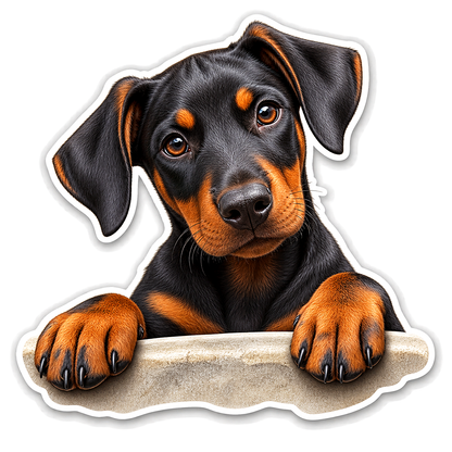 Doberman Puppy Peeking over Edge Vinyl Sticker Decal