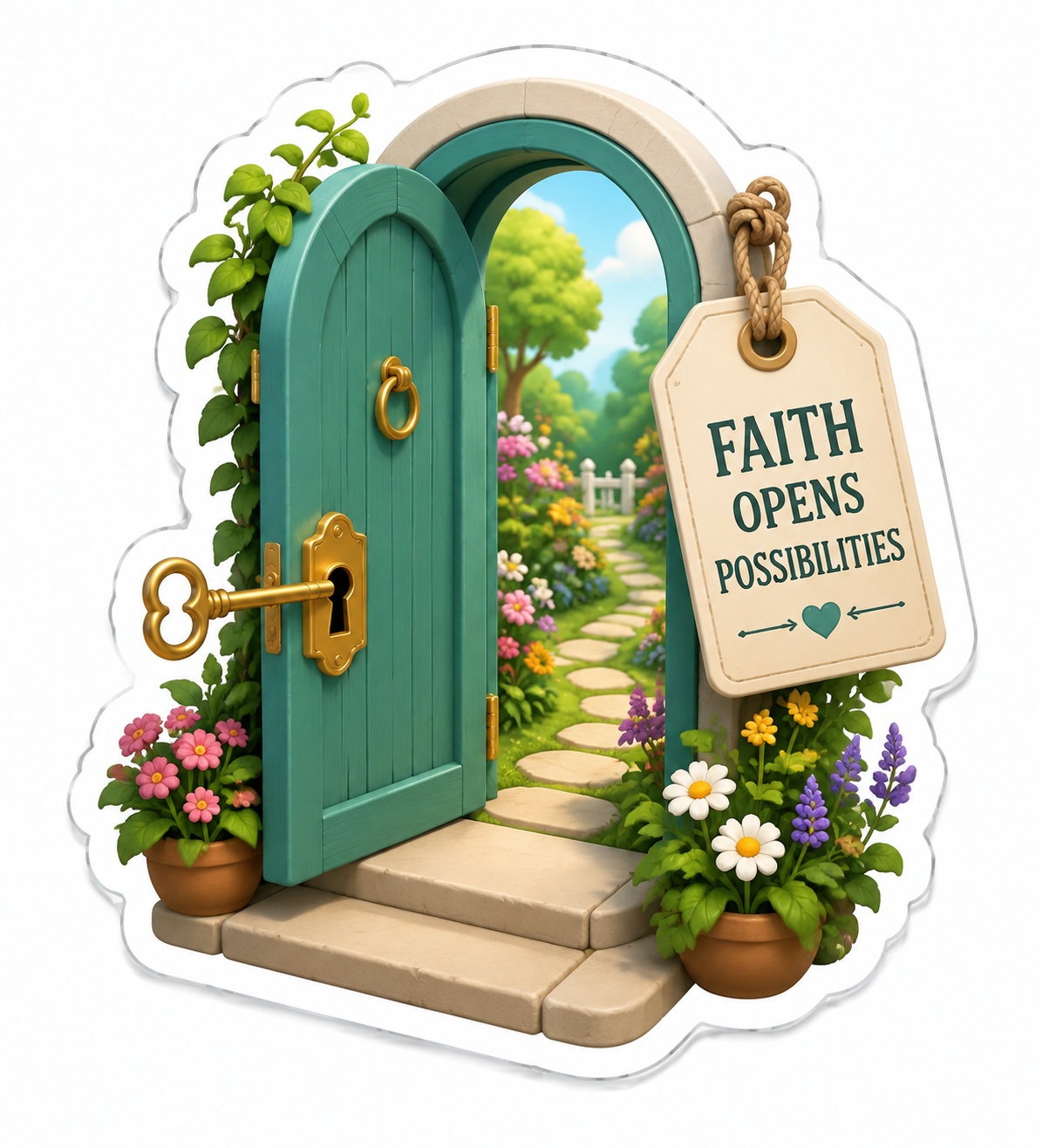 Faith Opens Possibilities Green Garden Door Vinyl Sticker Decal