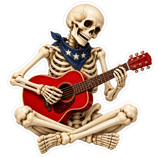 Skeleton Playing Cherry Red Guitar Vinyl Sticker Decal