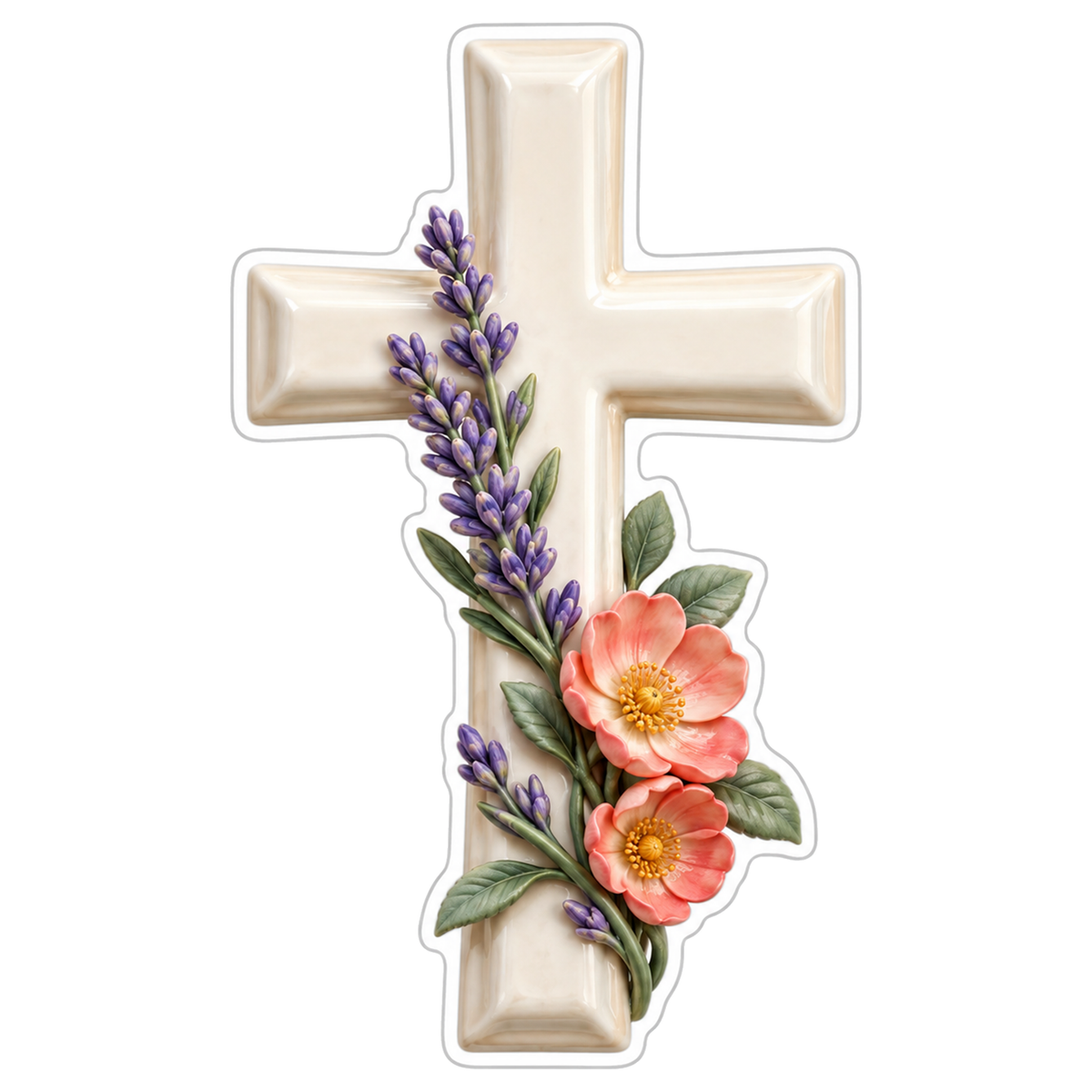 Ivory Cross Lavender Coral Flowers Vinyl Sticker Decal