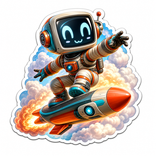 Smiling Robot Riding Orange Rocket Vinyl Sticker Decal