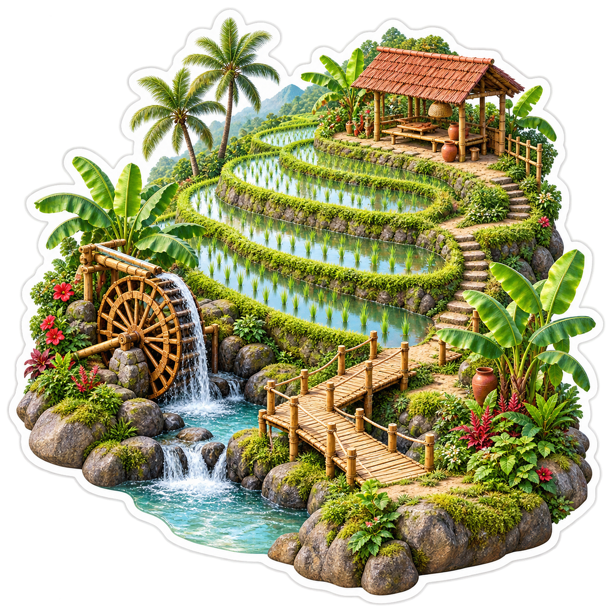 Tropical Rice Terraces Bamboo Waterwheel Vinyl Sticker Decal