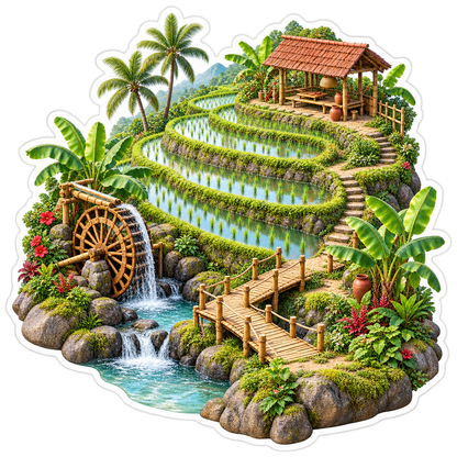 Tropical Rice Terraces Bamboo Waterwheel Vinyl Sticker Decal