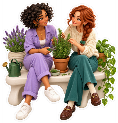 Two Women Friends Sitting with Herb Plants Vinyl Sticker Decal