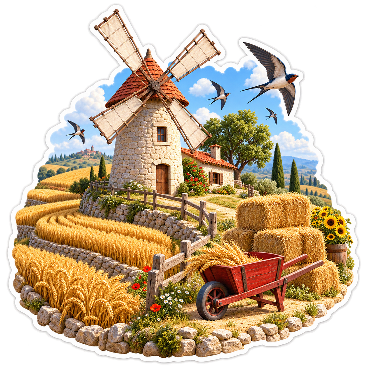 Golden Wheat Windmill Swallow Pinwheel Vinyl Sticker Decal