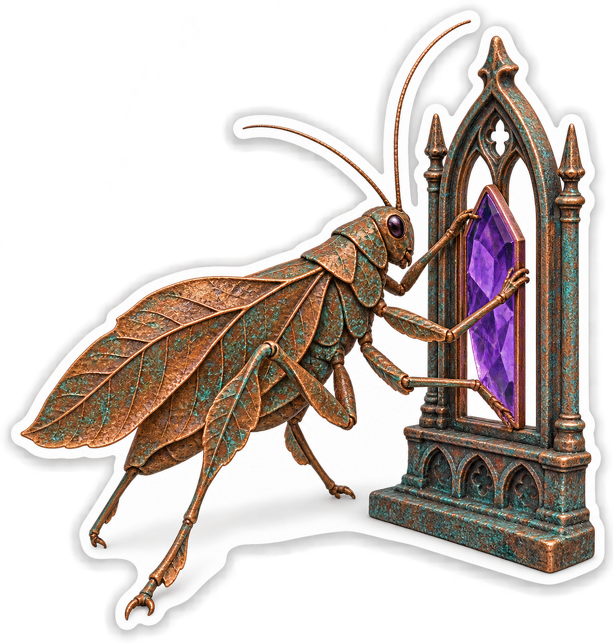 Pressed Copper Leaf Katydid Gothic Window Glazier Vinyl Sticker Decal