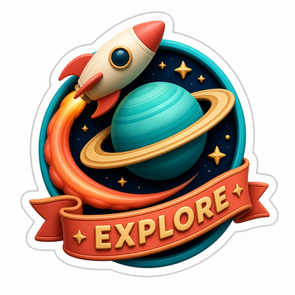 Explore Rocket and Teal Ringed Planet Vinyl Sticker Decal