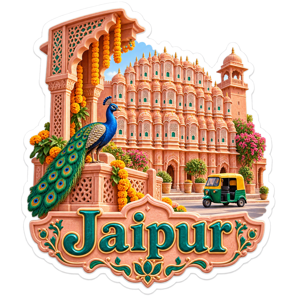 Jaipur Rose Palace Peacock Tuktuk Vinyl Sticker Decal