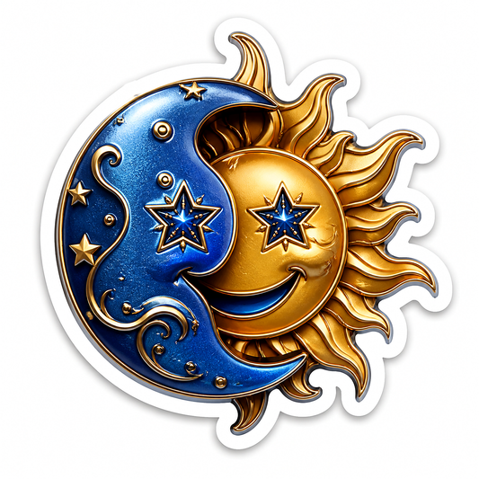 Blue Crescent Moon and Gold Sun Stars Vinyl Sticker Decal