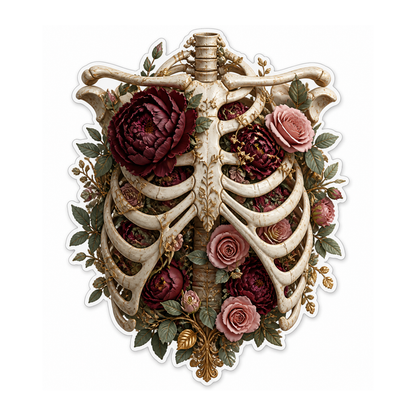 Human Rib Cage with Burgundy Roses Vinyl Sticker Decal