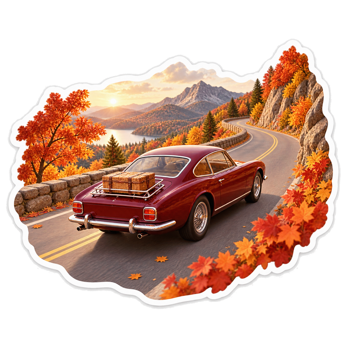 Burgundy Coupe Autumn Mountain Pass Vinyl Sticker Decal