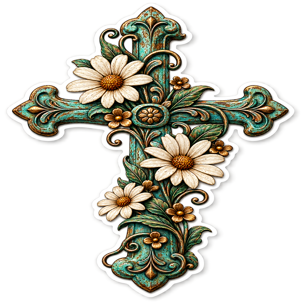 Ornate Green Cross with White Daisies Vinyl Sticker Decal