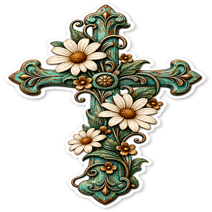 Ornate Green Cross with White Daisies Vinyl Sticker Decal