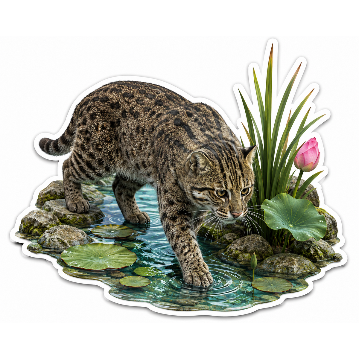Fishing Cat Lotus Stream Stalk Vinyl Sticker Decal