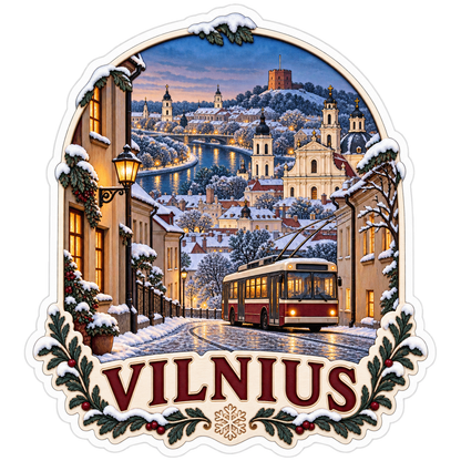 Vilnius Snowy Old Town Trolleybus Vinyl Sticker Decal