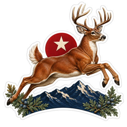 Leaping Chestnut Buck Mountains Red Sun Vinyl Sticker Decal