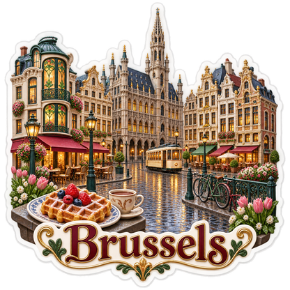Brussels Rainy Art Nouveau Tram Waffle Vinyl Sticker Decal