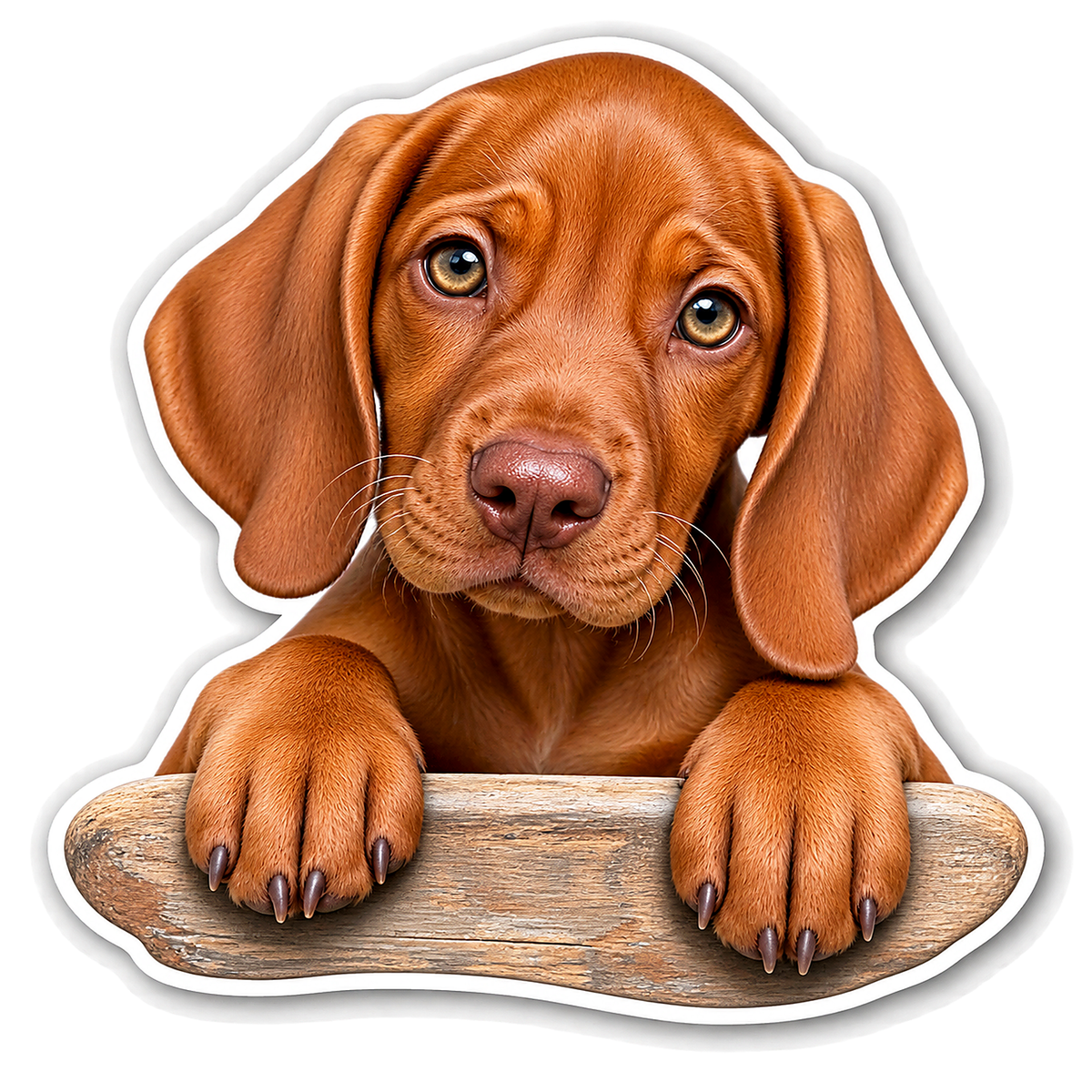 Rust Brown Puppy Peeking over Wooden Edge Vinyl Sticker Decal
