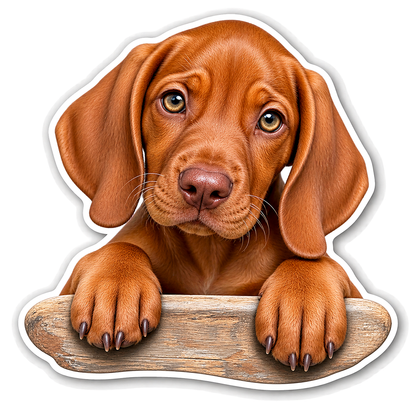 Rust Brown Puppy Peeking over Wooden Edge Vinyl Sticker Decal