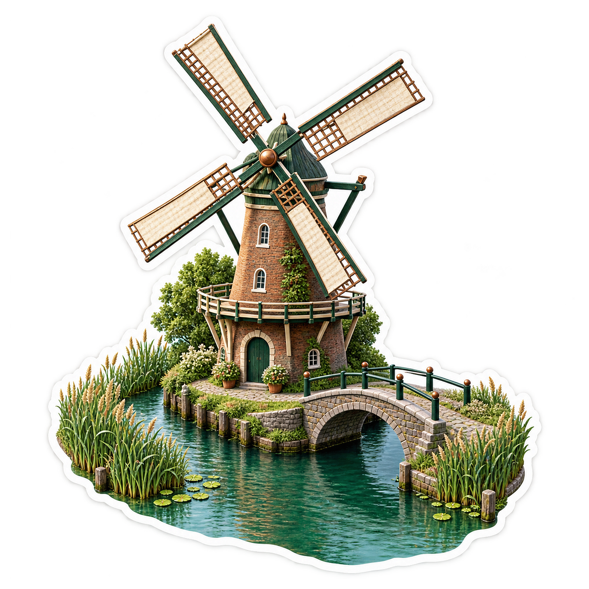 Canal Windmill Emerald Pinwheel Bridge Vinyl Sticker Decal