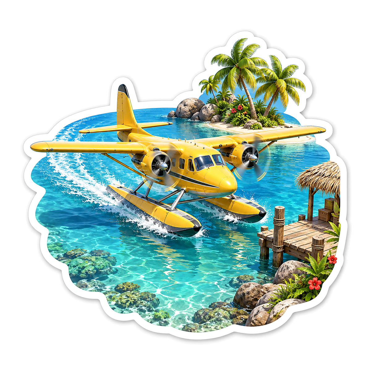 Tropical Lagoon Seaplane Palm Dock Vinyl Sticker Decal