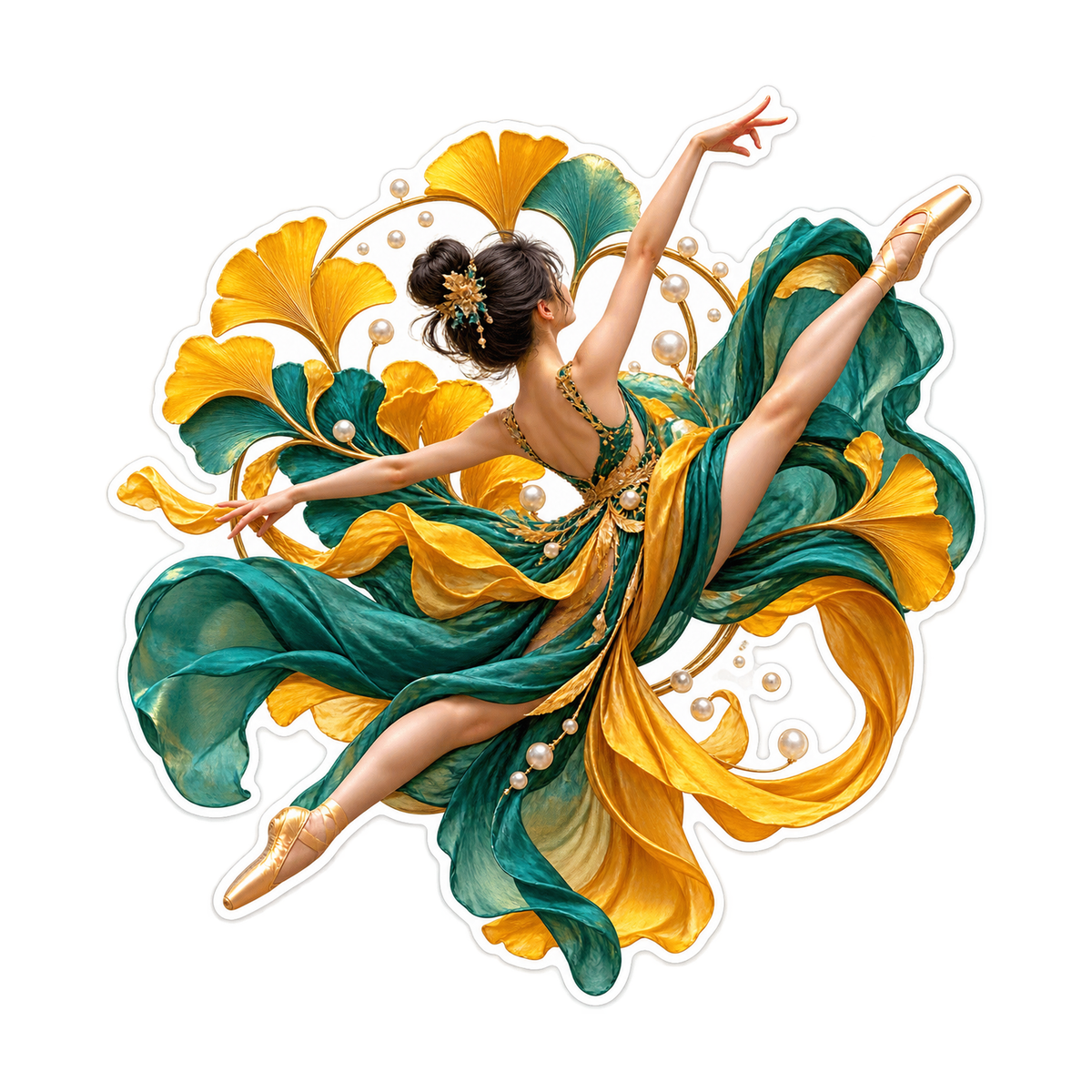 Leaping Dancer in Teal Gold Flowing Dress Vinyl Sticker Decal