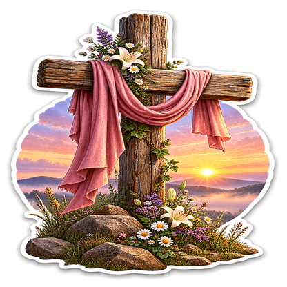 Wooden Cross Pink Cloth at Sunset Vinyl Sticker Decal