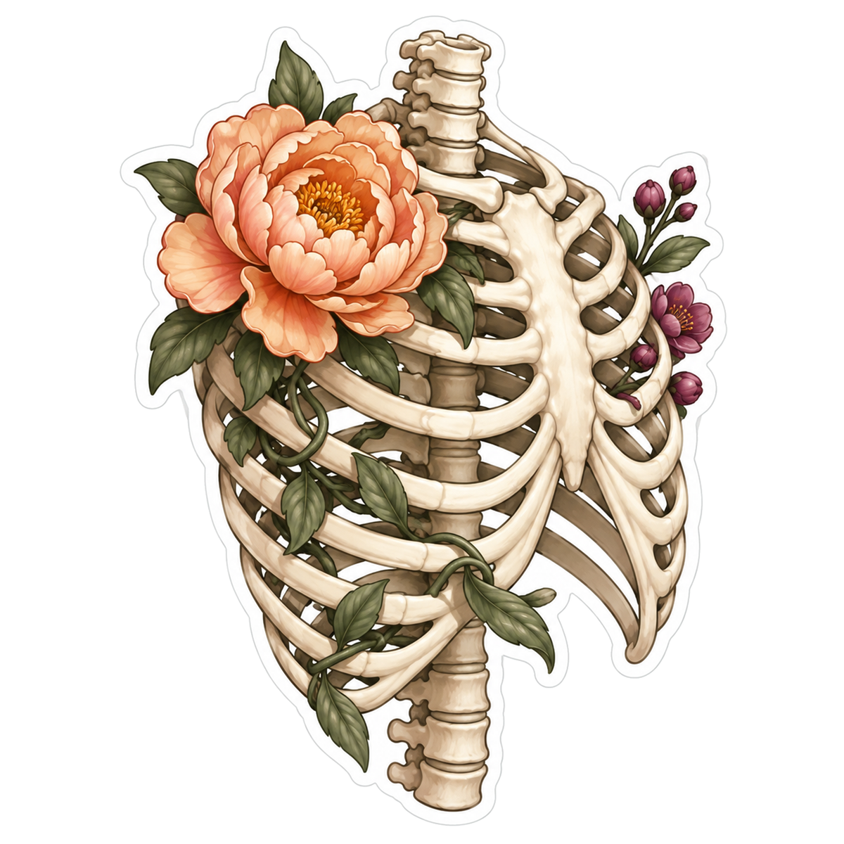 Stylized Ivory Ribcage In Gentle Turn Vinyl Sticker Decal