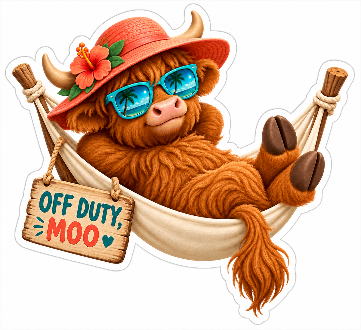 Off Duty Moo Highland Cow in Hammock Vinyl Sticker Decal