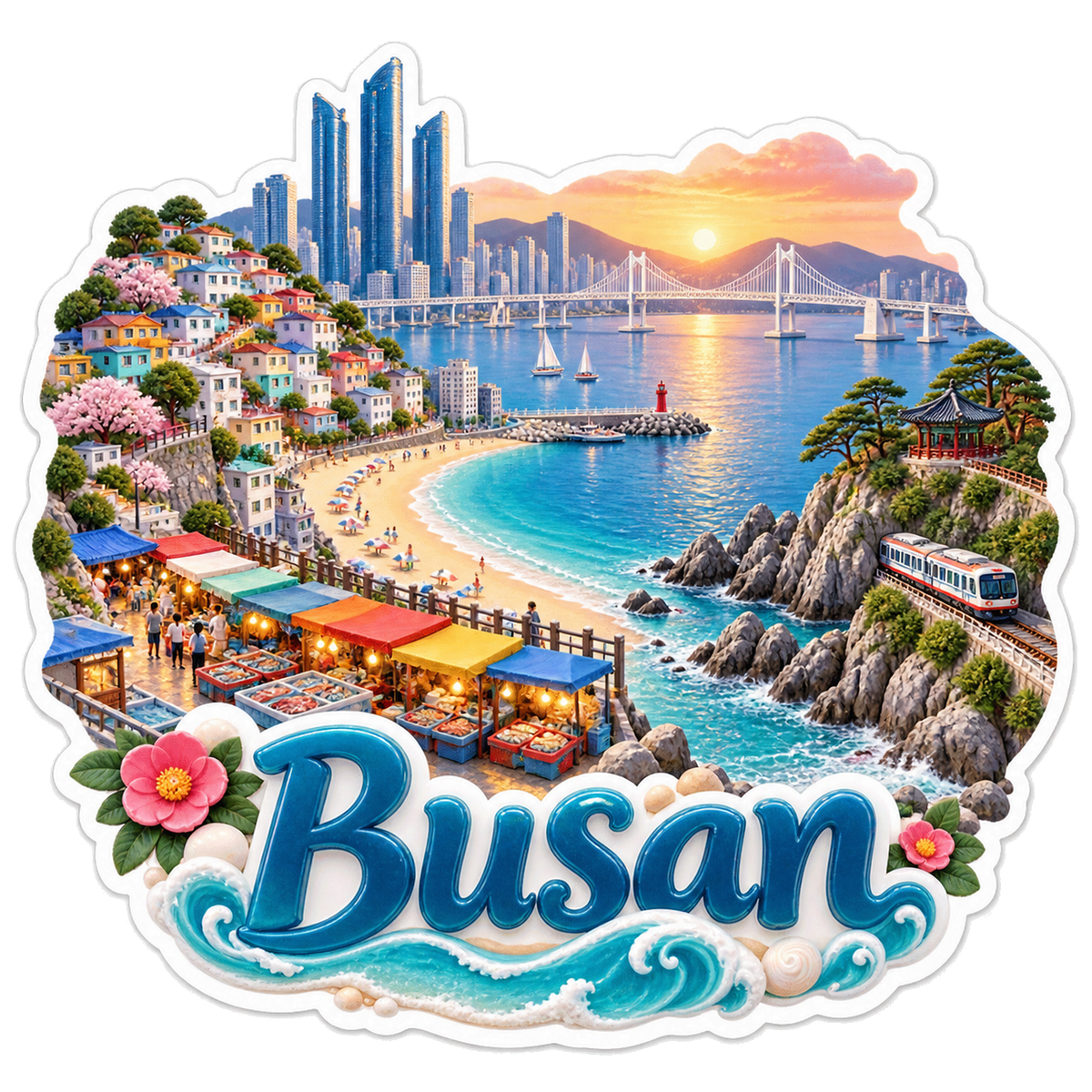 Busan Sunrise Coast Bridge Train Vinyl Sticker Decal