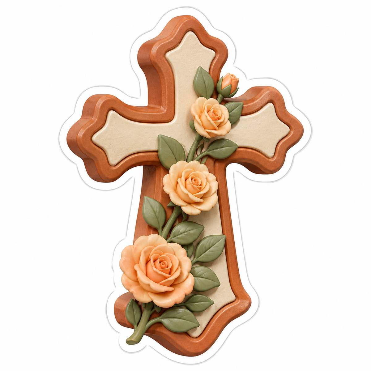 Terracotta Cross Apricot Roses Vinyl Sticker Decal