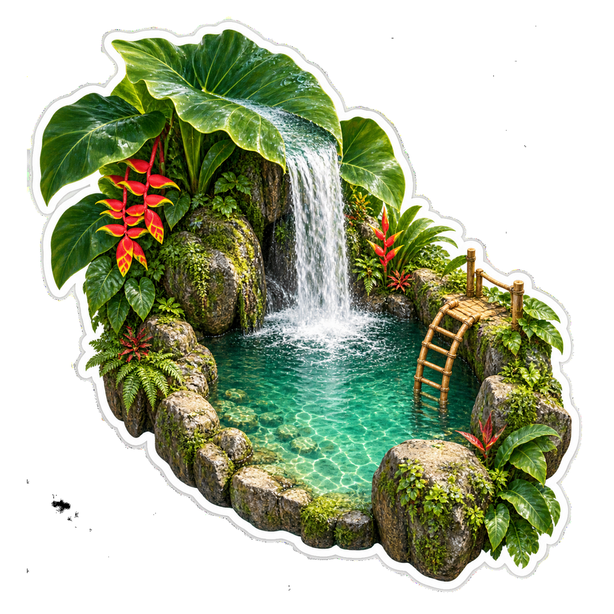 Tropical Leaf Waterfall Bamboo Ladder Vinyl Sticker Decal