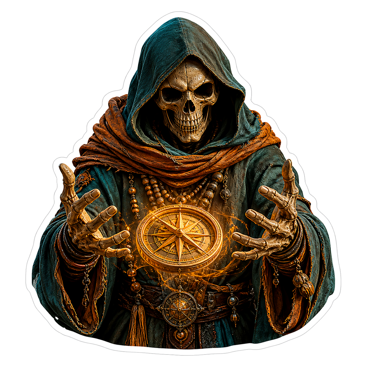 Hooded Skeleton Holding Golden Compass Vinyl Sticker Decal