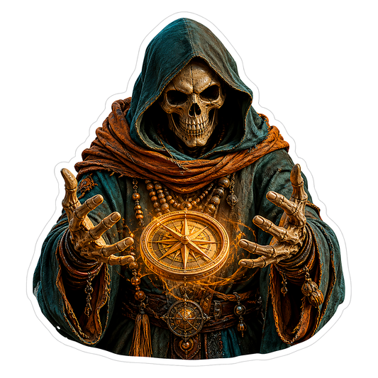 Hooded Skeleton Holding Golden Compass Vinyl Sticker Decal