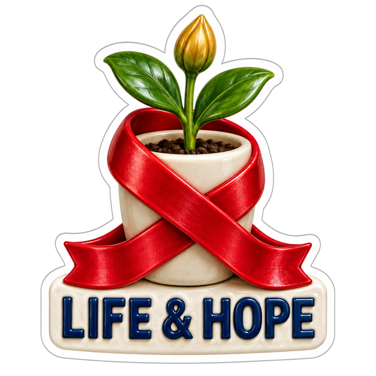 Life and Hope Planter Gold Bud Red Ribbon Vinyl Sticker Decal