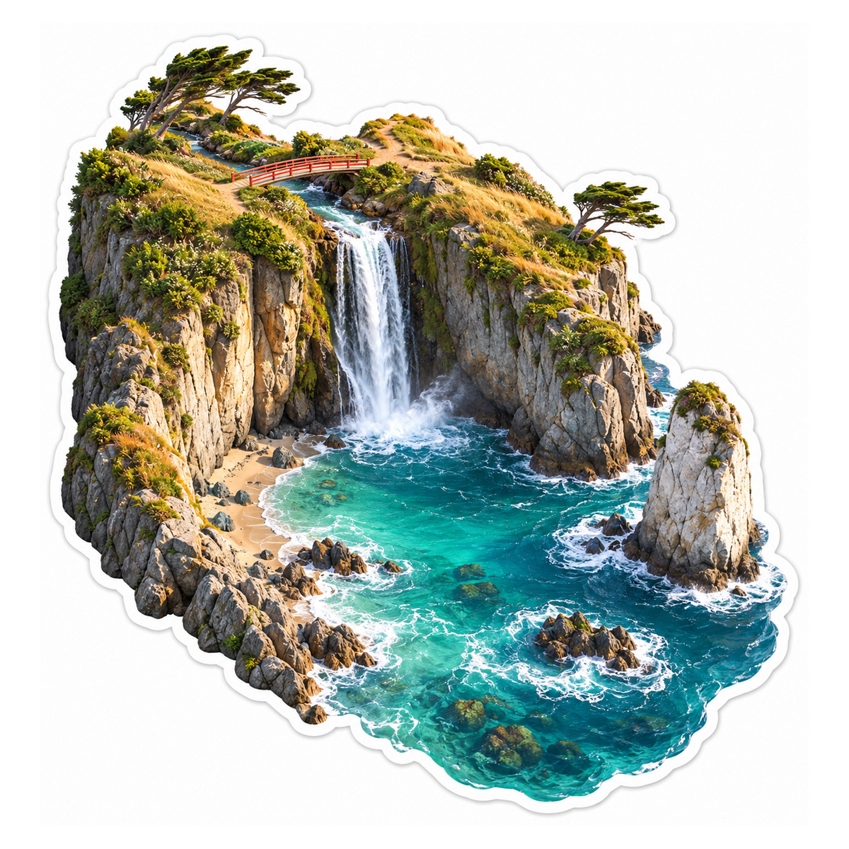 Coastal Cliff Waterfall Red Bridge Vinyl Sticker Decal