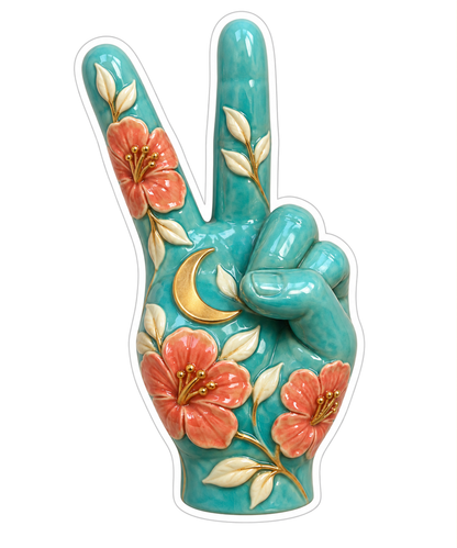 Turquoise Peace Sign Hand with Pink Flowers Vinyl Sticker Decal