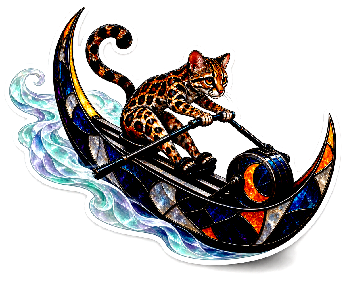 Stained Glass Margay Moon Rowing Machine Athlete Vinyl Sticker Decal
