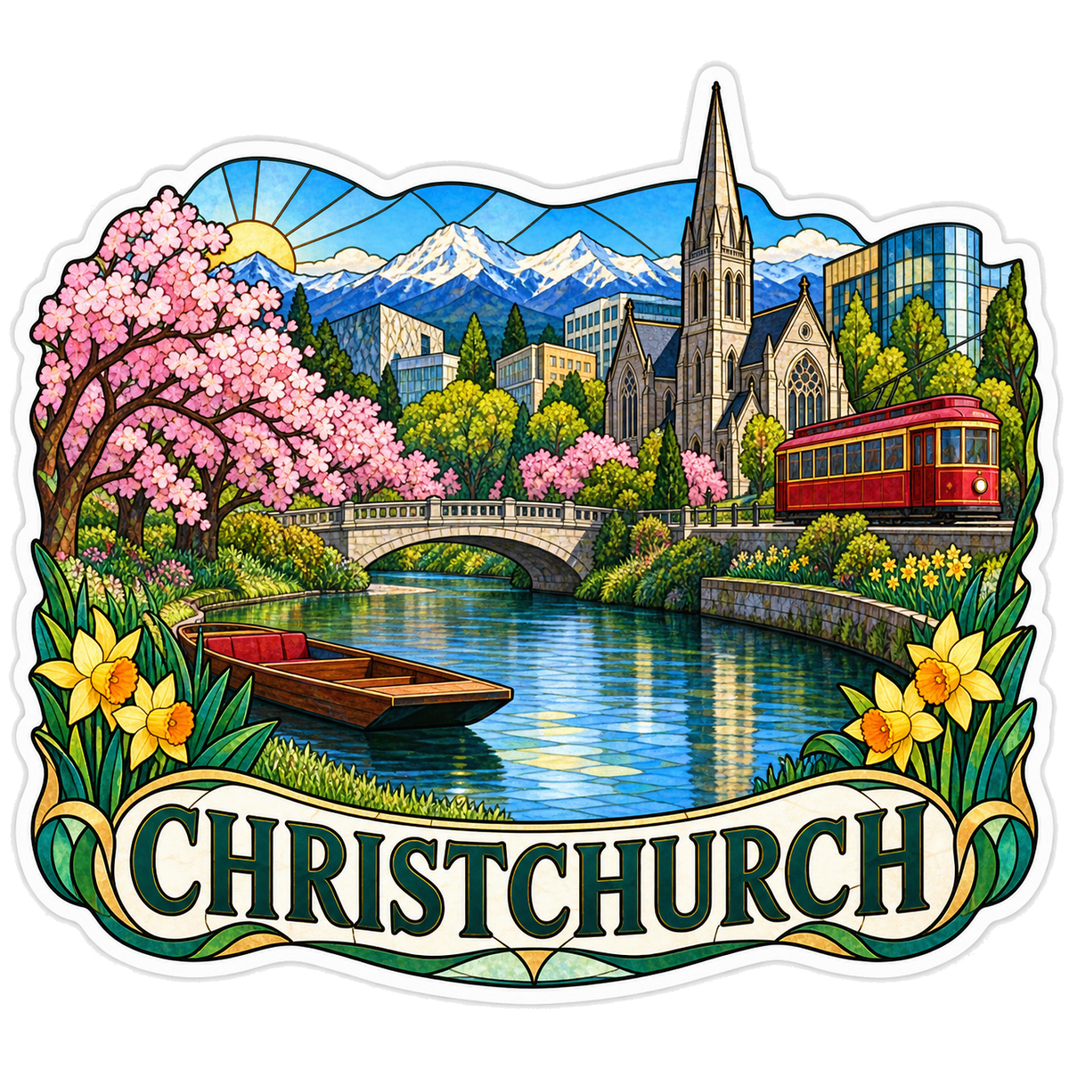 Christchurch Avon River Spring Tram Vinyl Sticker Decal
