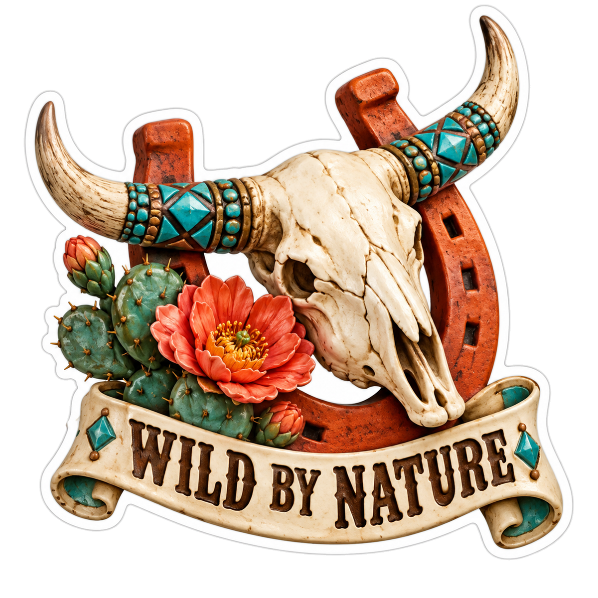 Wild by Nature Longhorn Skull Horseshoe Vinyl Sticker Decal