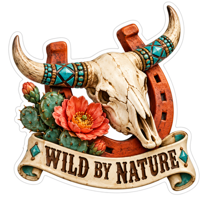 Wild by Nature Longhorn Skull Horseshoe Vinyl Sticker Decal