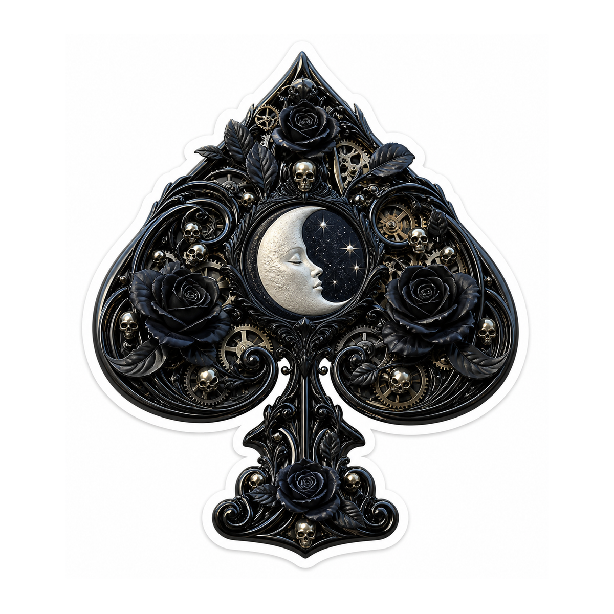 Black Ornate Spade with Crescent Moon Vinyl Sticker Decal