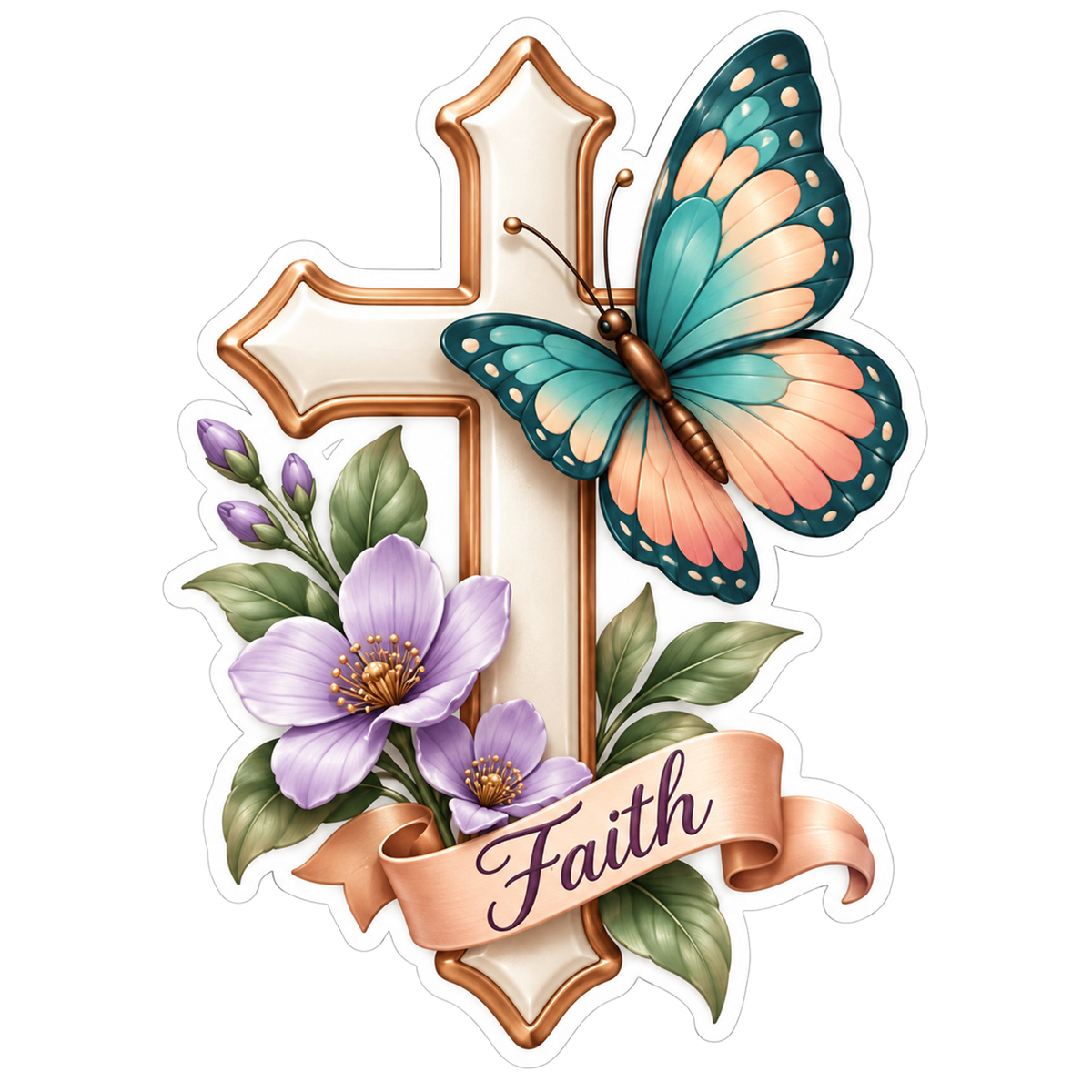 Faith Cross Teal Peach Butterfly Vinyl Sticker Decal