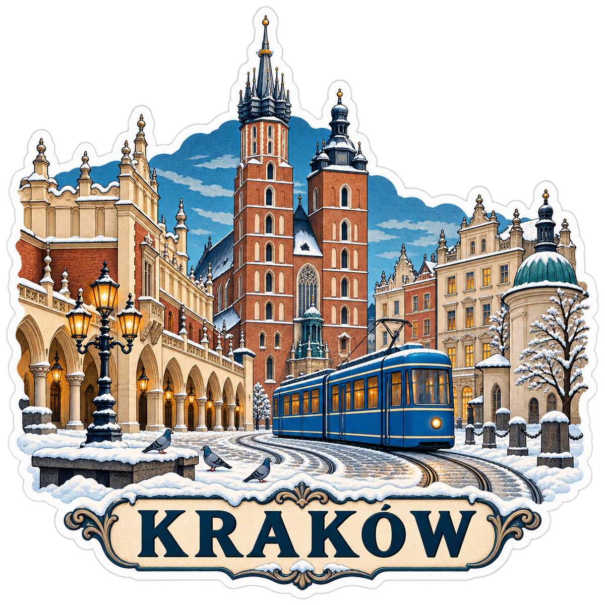 Krakow Winter Square Blue Tram Vinyl Sticker Decal