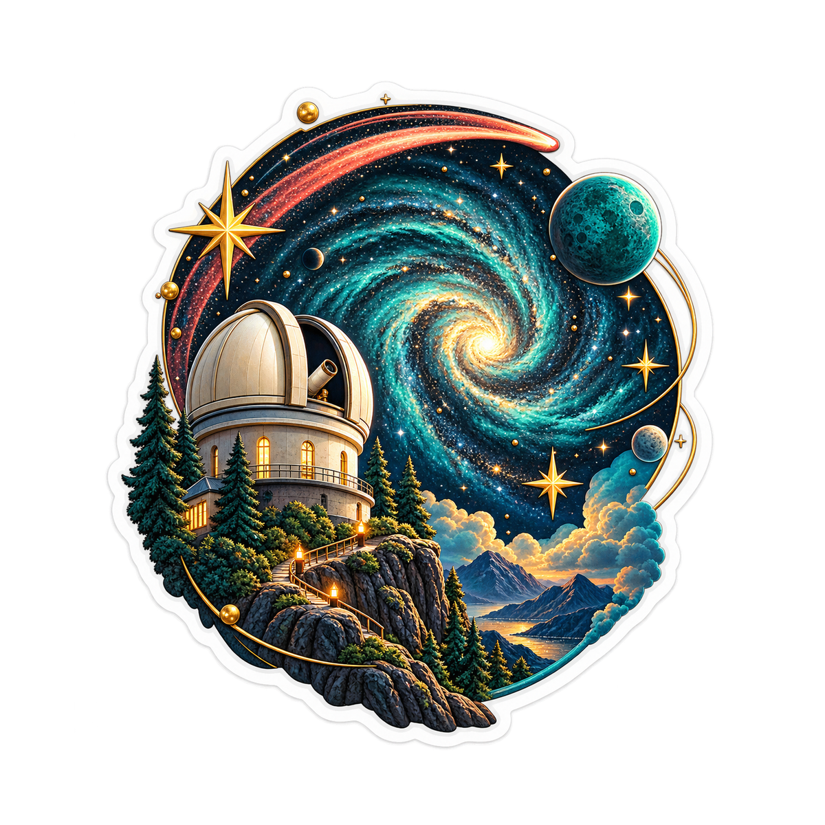 Observatory under Swirling Galaxy Sky Vinyl Sticker Decal
