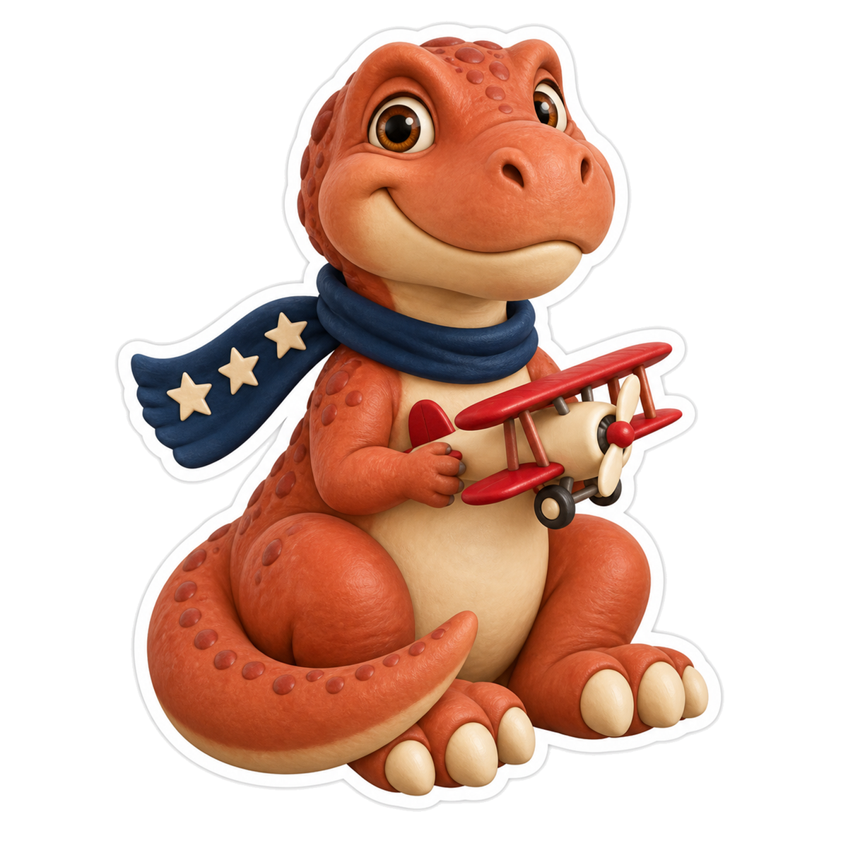 Orange Dinosaur Holding Red Toy Airplane Vinyl Sticker Decal