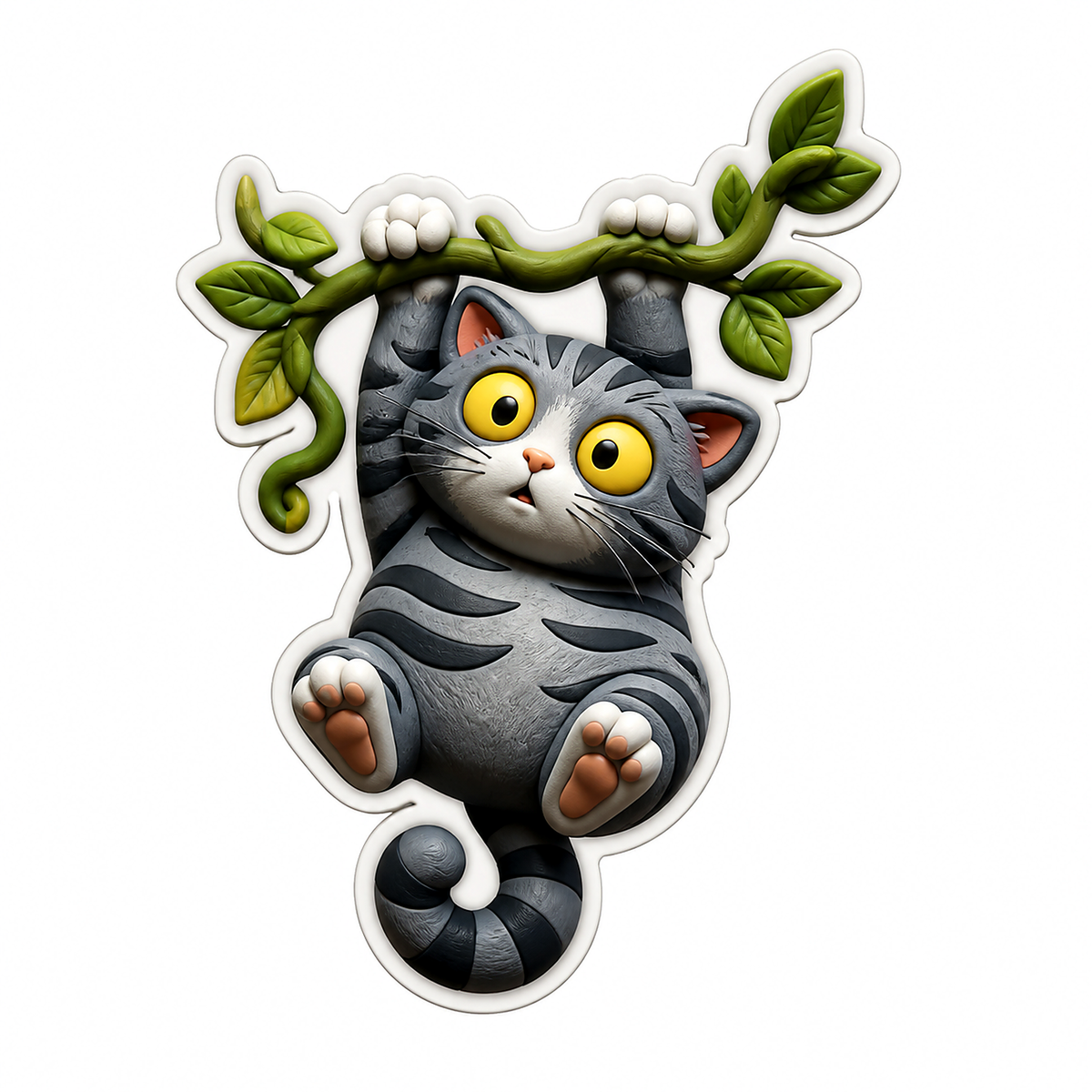 Gray Tabby Kitten Hanging from Branch Vinyl Sticker Decal