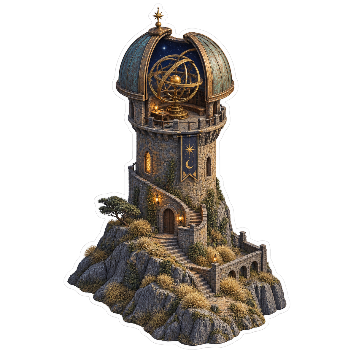 Brass Observatory Medieval Hill Tower Vinyl Sticker Decal