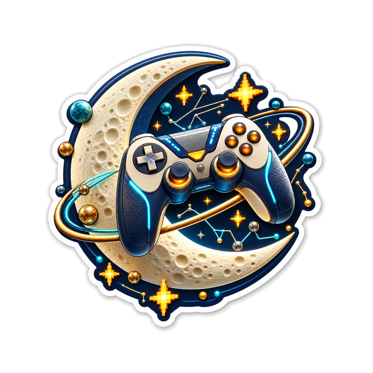 Game Controller on Celestial Crescent Moon Vinyl Sticker Decal